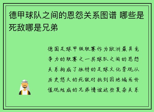德甲球队之间的恩怨关系图谱 哪些是死敌哪是兄弟
